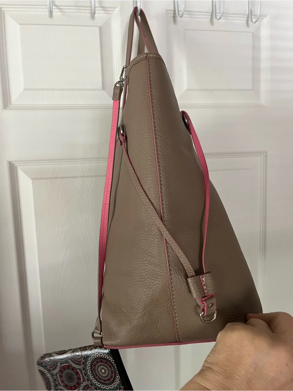 LODIS Bliss Taupe/Tan/Brown Pebbled Leather Tote, Pink Trim, approx 17”wx12”h
